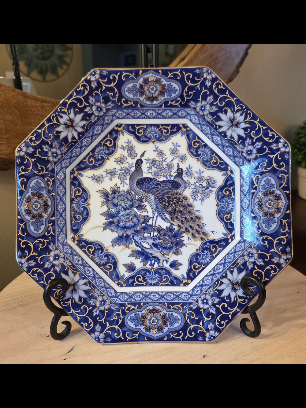 Vintage Arnart Imports Imperial Peacock Plate 1983 Porcelain Blue White Gold 10"
